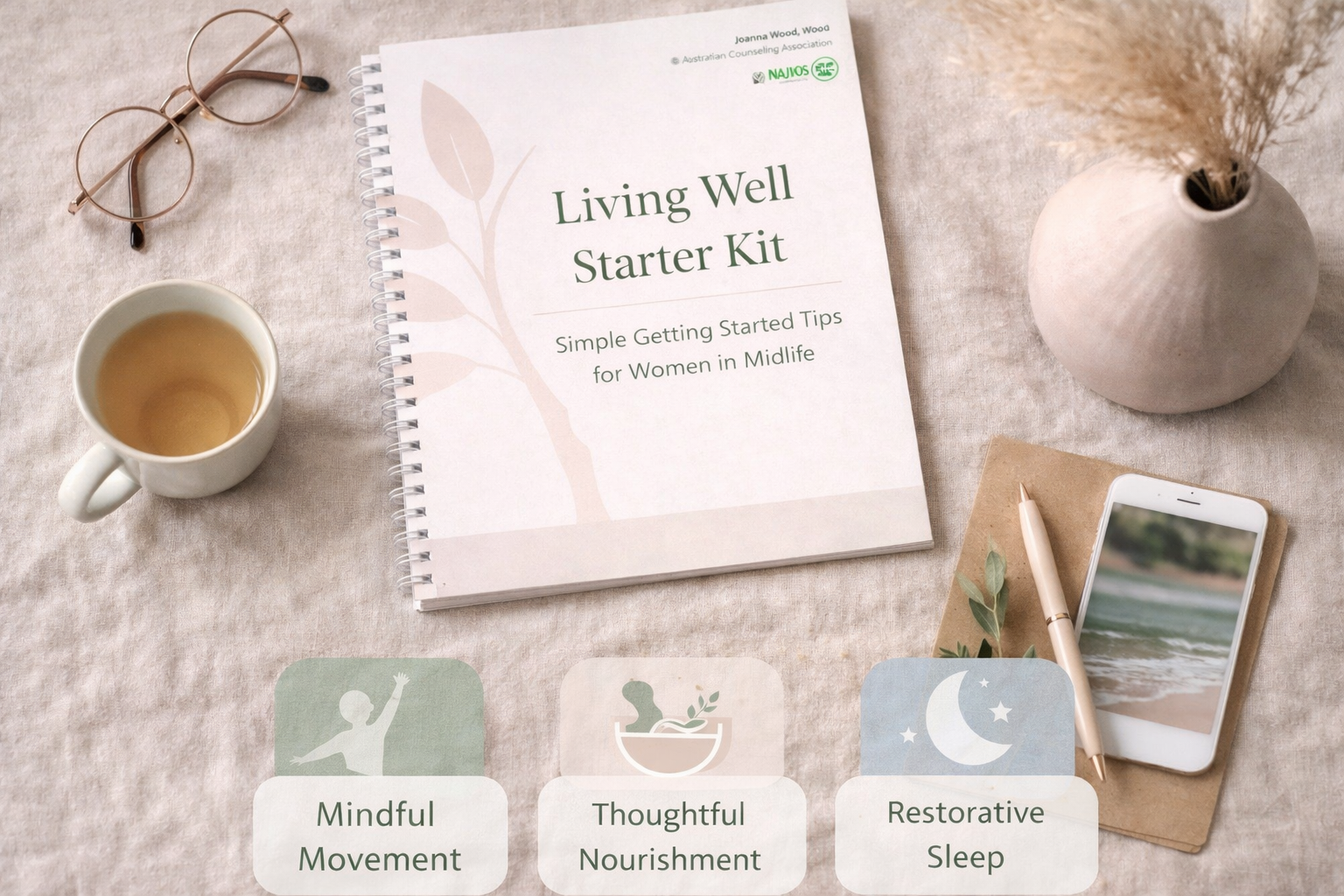 A cozy flat lay featuring the ‘Living Well Starter Kit’ with a book, cup of tea, smartphone, notebook, and icons for movement, nourishment, and sleep."