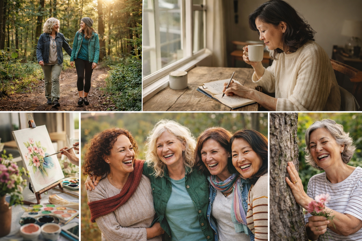 A collage of women enjoying outdoor activities, painting, reading, and socializing in a park and home setting during autumn.