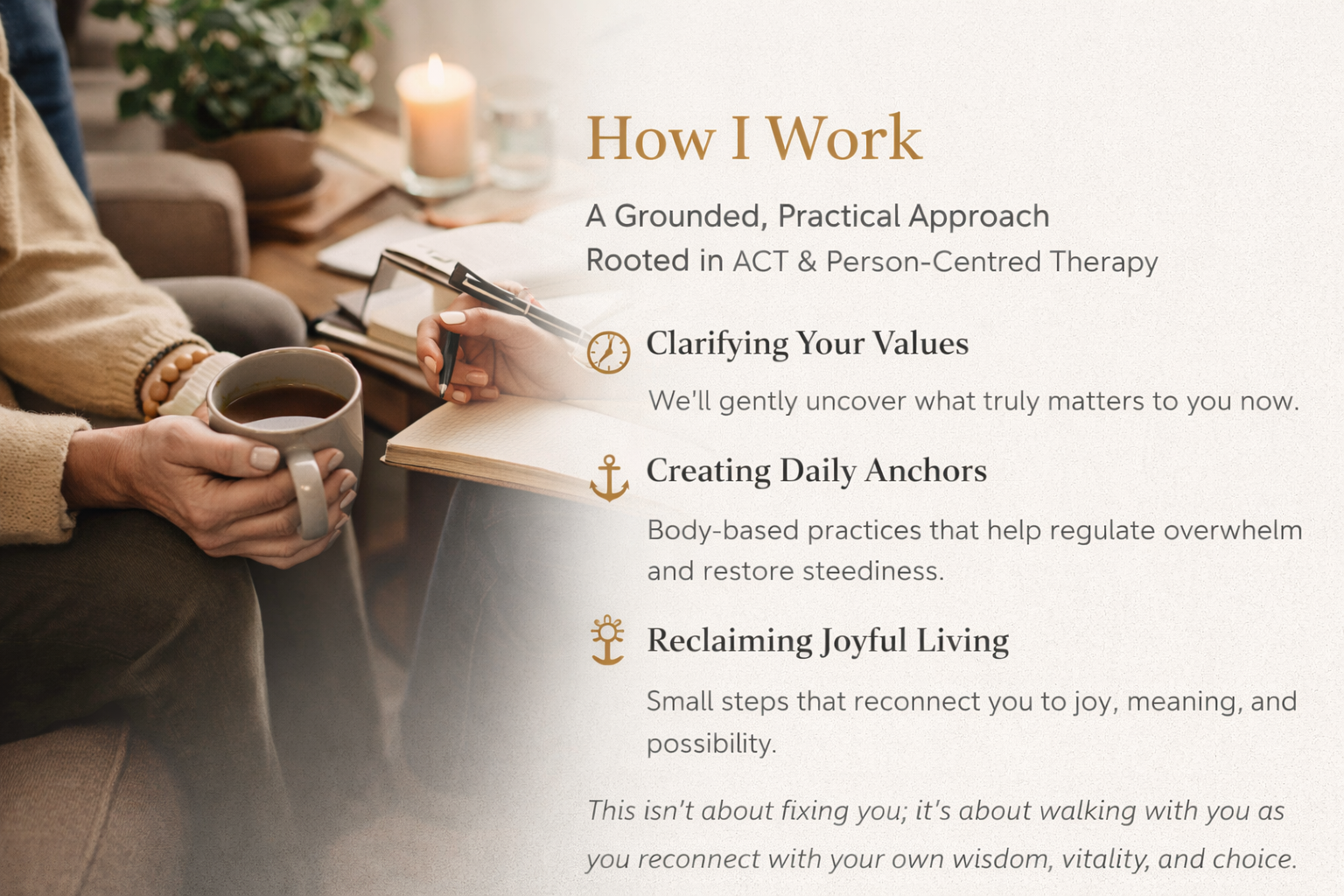 A person holding a cup of coffee while sitting in a cozy, softly lit room, with a notebook, pen, candles, and plants on the table next to them, cresting a warm and inviting atmosphere.