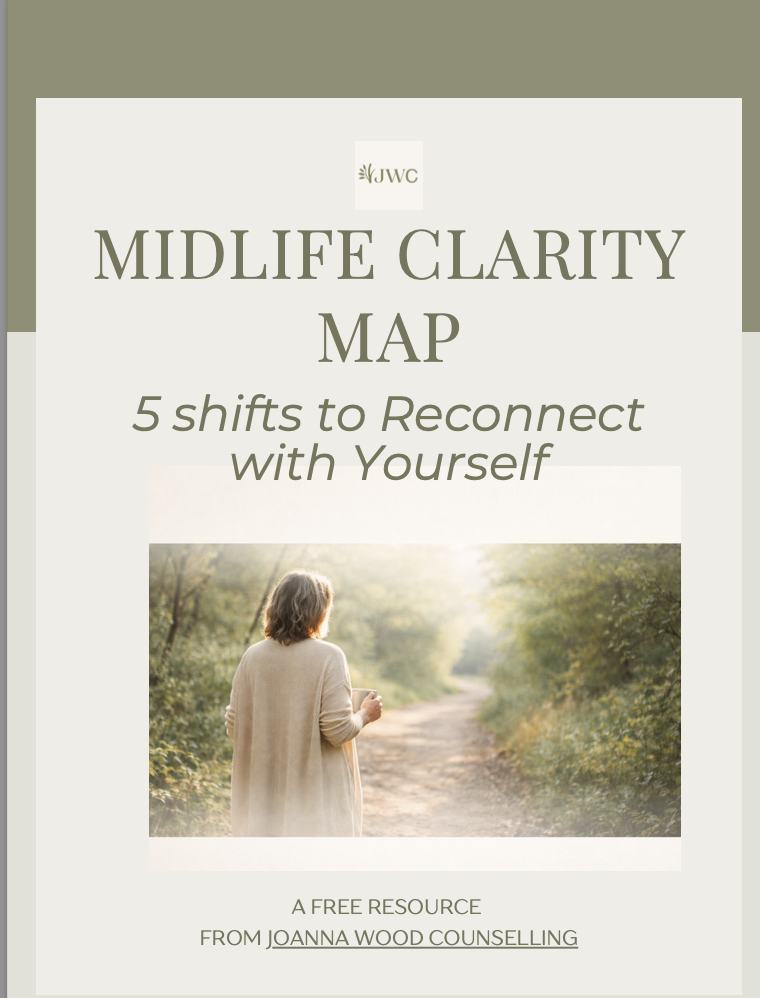 Cover of the Midlife Clarity Map, a free resource by Joanna Wood Counselling, featuring a woman walking on a forest trail with a coffee mug in the morning sunlight.