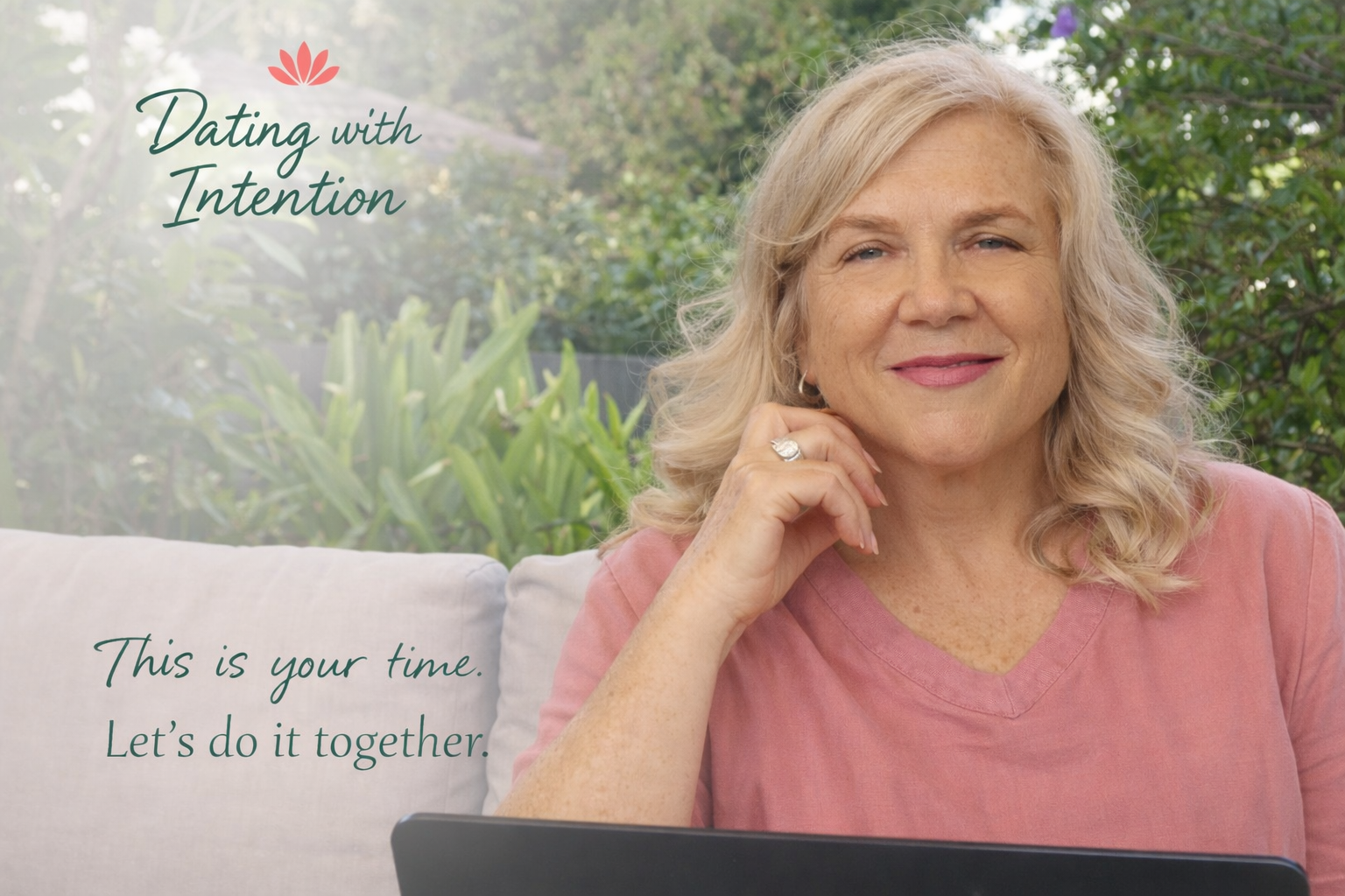 oanna Wood offering online counselling from her laptop, focused and present in a garden setting.