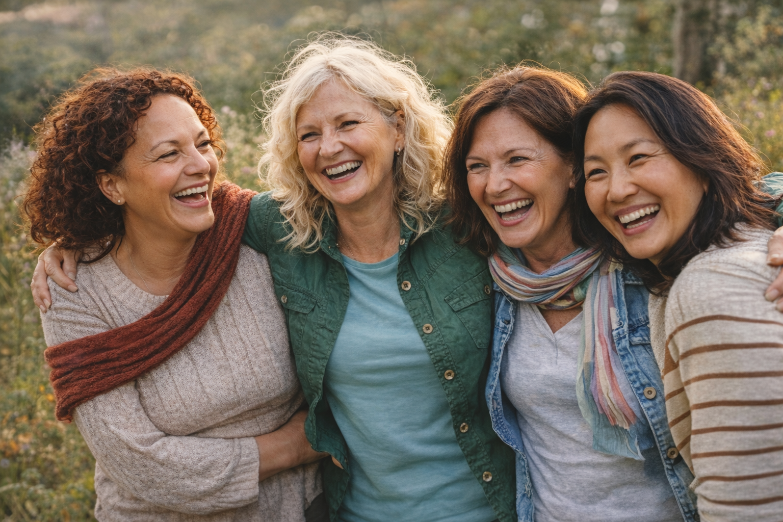 Four midlife women of varying backgrounds laughing together outdoors in a park during autumn, representing joy, support and midlife connection.
