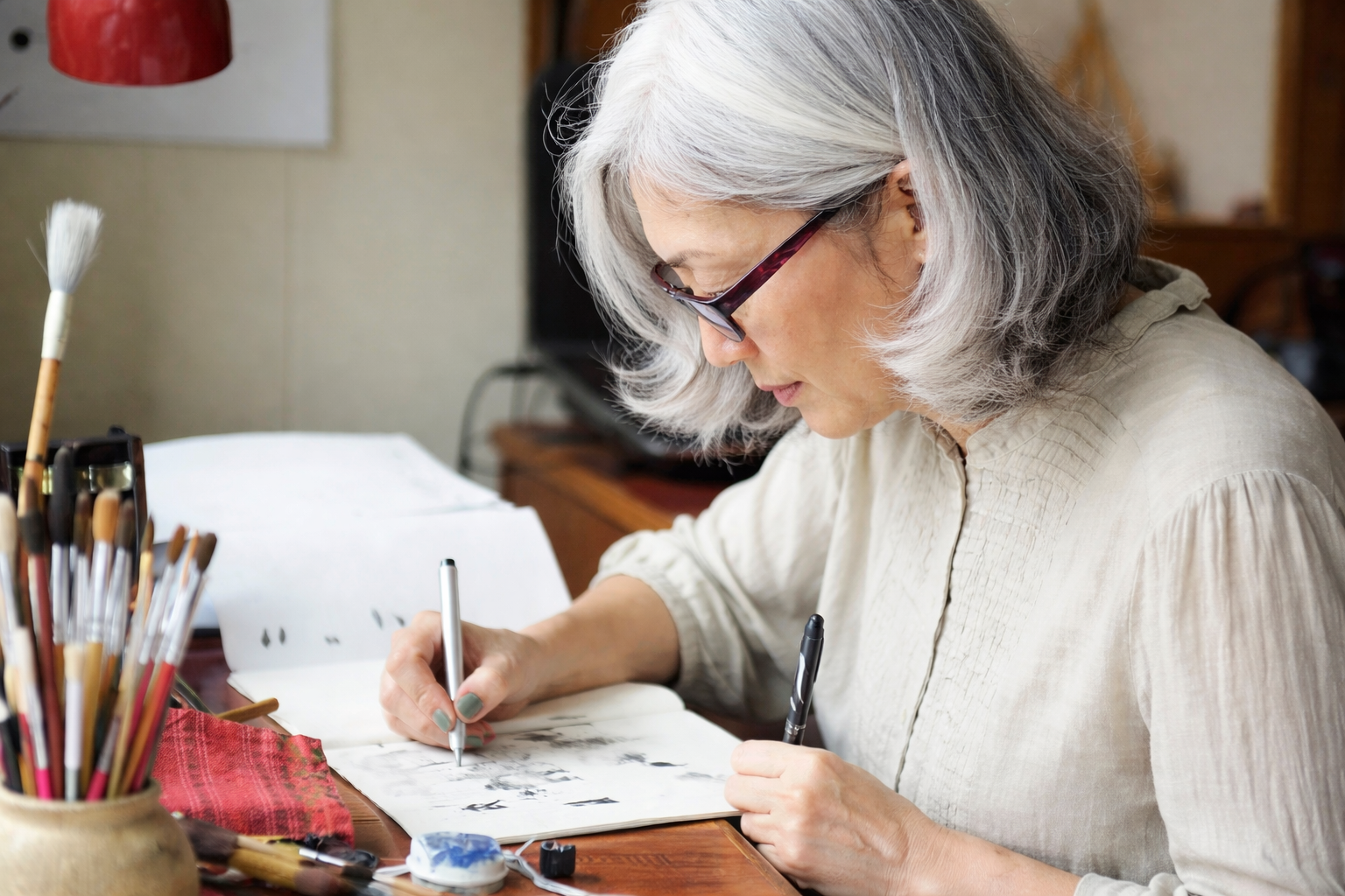 An older woman with grey hair and glasses writing in a sketchbook at a wooden table with art supplies