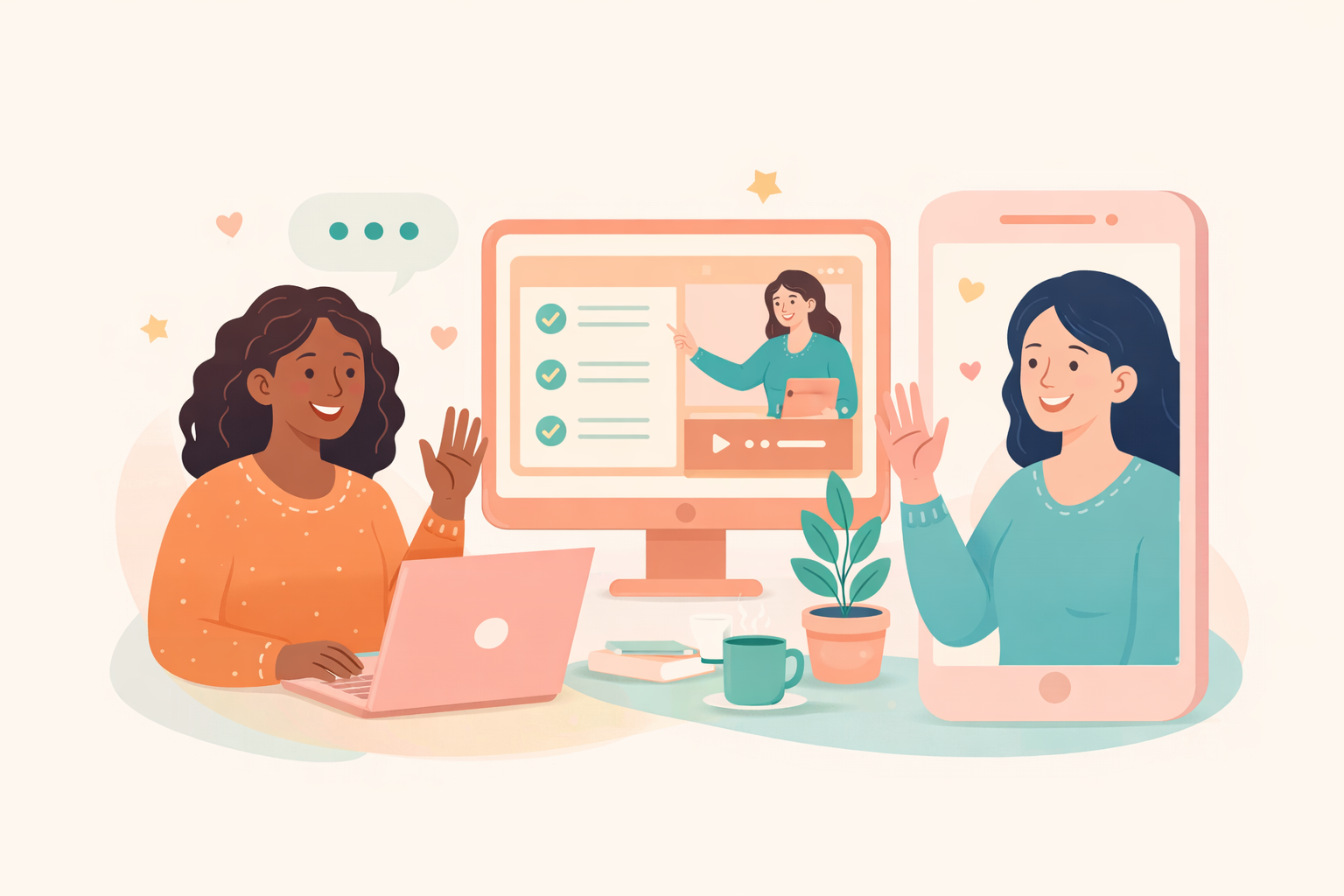 A digital illustration of two women sitting across from each other on video call, one using a laptop and the other a mobile device, with comforting elements like potted plants and warm pastel tones representing supportive online counselling.