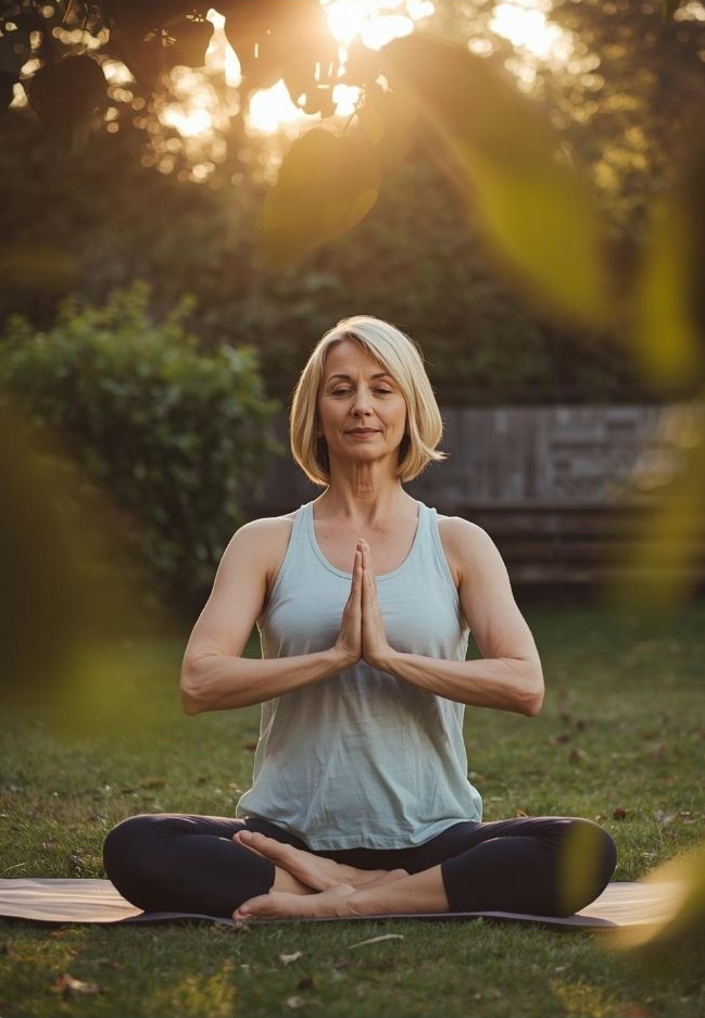 A woman practicing yoga outdoors, sitting cross-legged on a mat with hands in a prayer position during sunset.