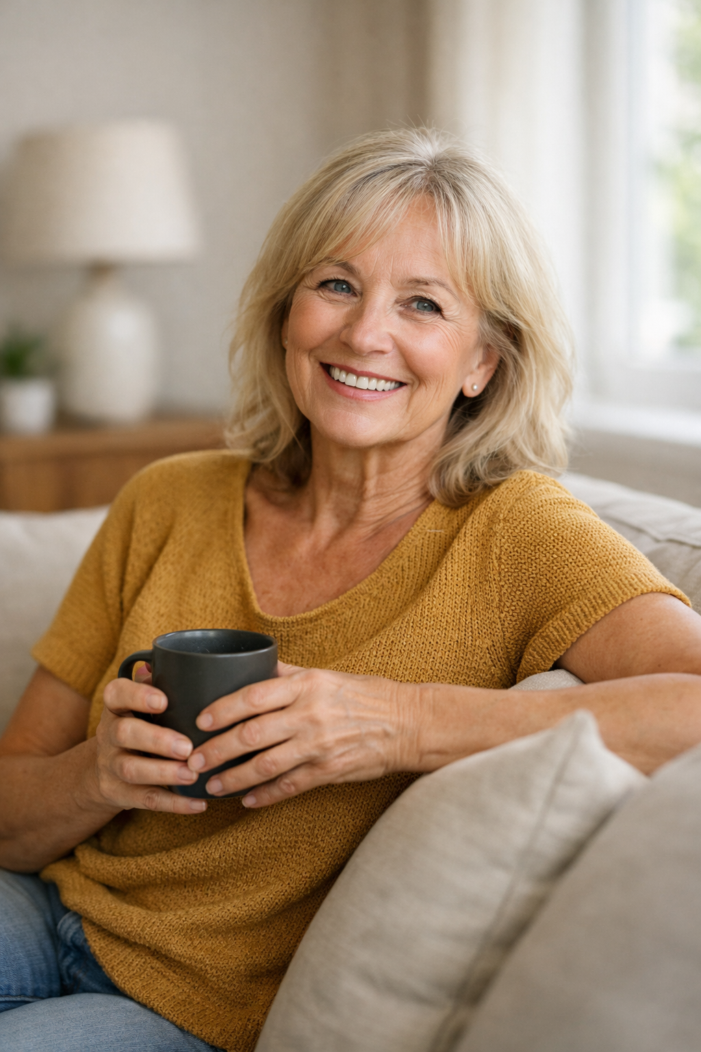 A smiling woman with blonde hair wearing a mustard yellow top, sitting on a sofa and holding a dark mug in a cozy living room.
