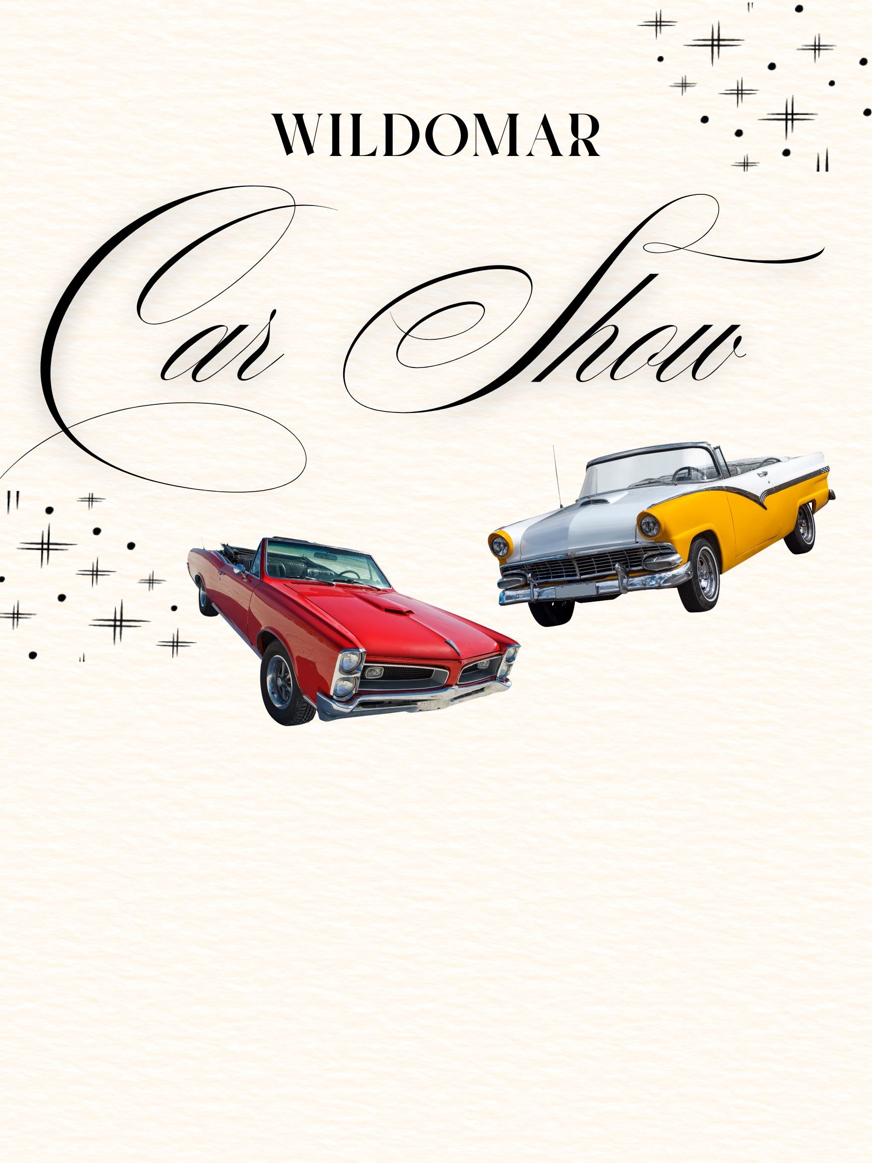 A vintage poster for 'Wildomar Car Show' featuring two classic cars: a red convertible and a yellow and white convertible, with decorative stars and elegant text.