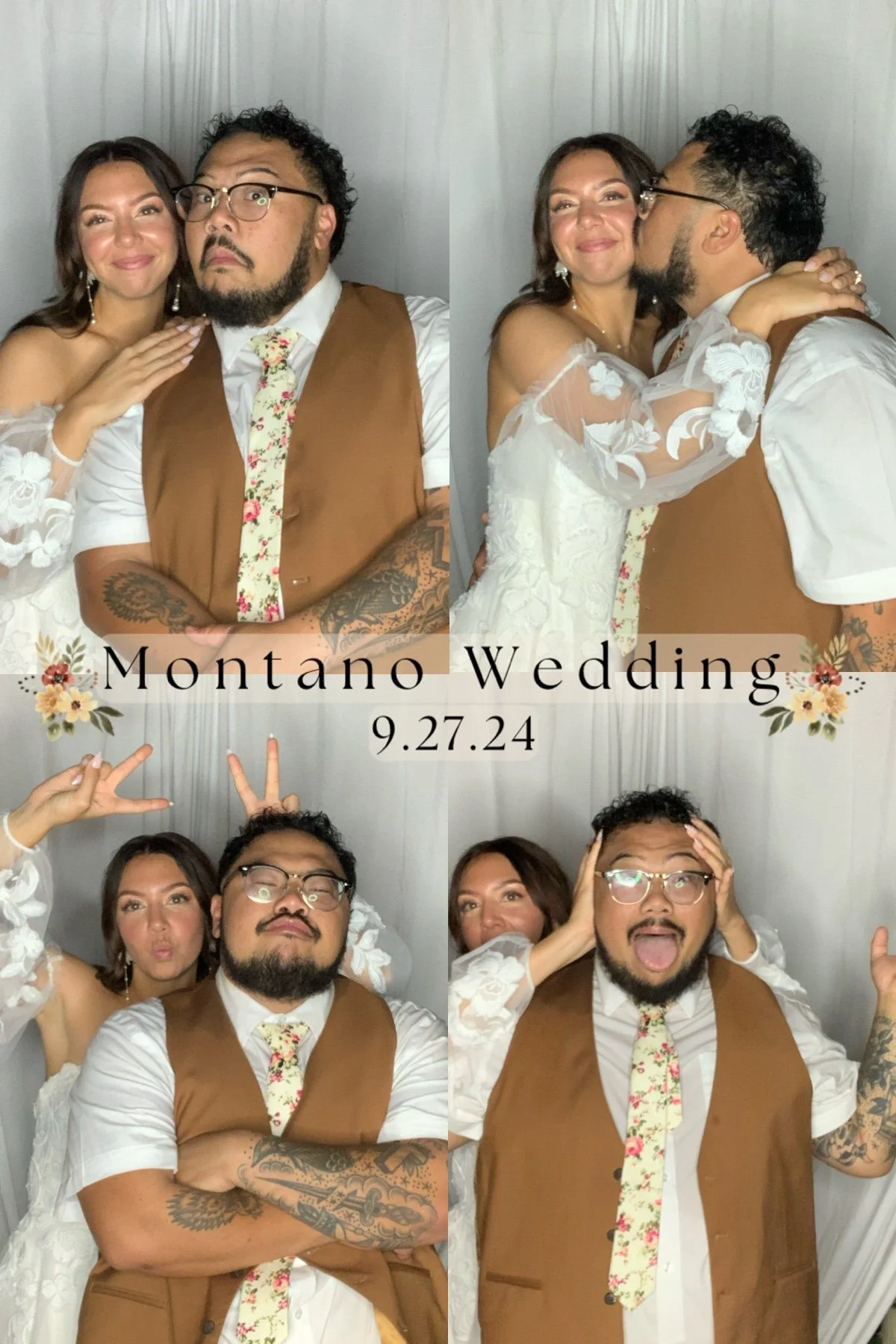 Four friends in wedding attire at a wedding celebration, two in the top photos and two in the bottom photos, posing playfully and making silly faces. 