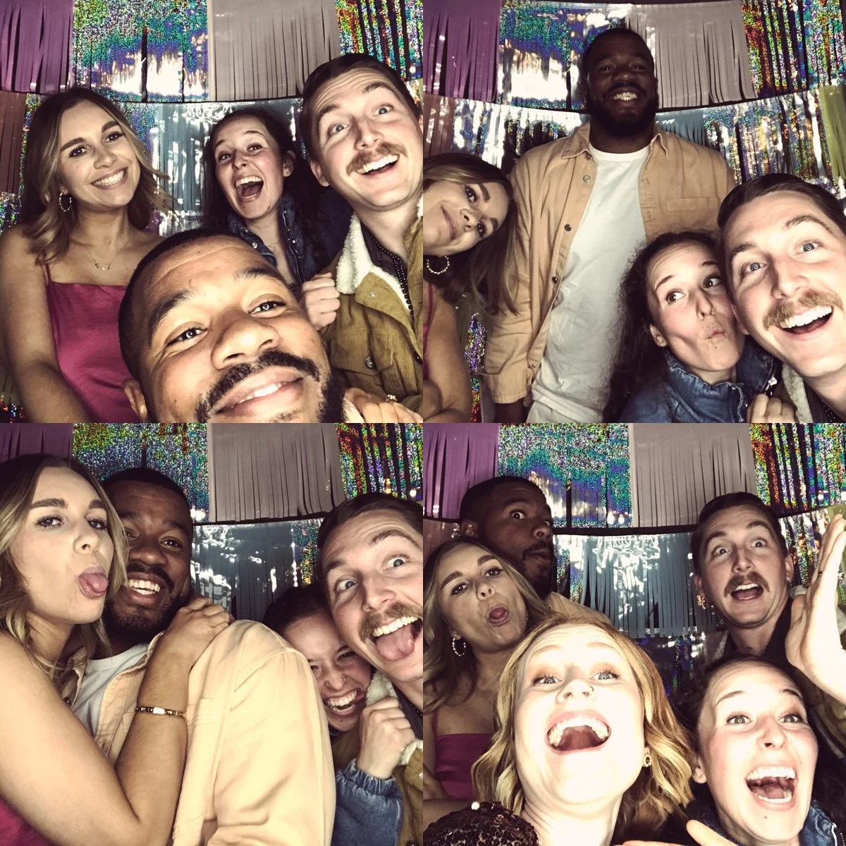 Group of six friends having fun in a photo booth with holographic decorations, making different facial expressions in four arranged pictures.