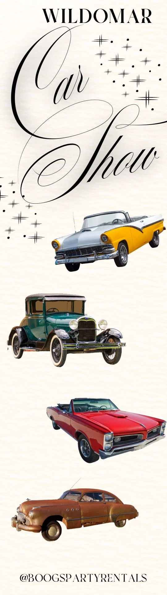 Vintage cars featuring a yellow and white classic convertible at the top, a green and black vintage automobile, a red classic muscle car, and a rusty brown old-fashioned sedan, with the text 'Wildomar Car Show' 
