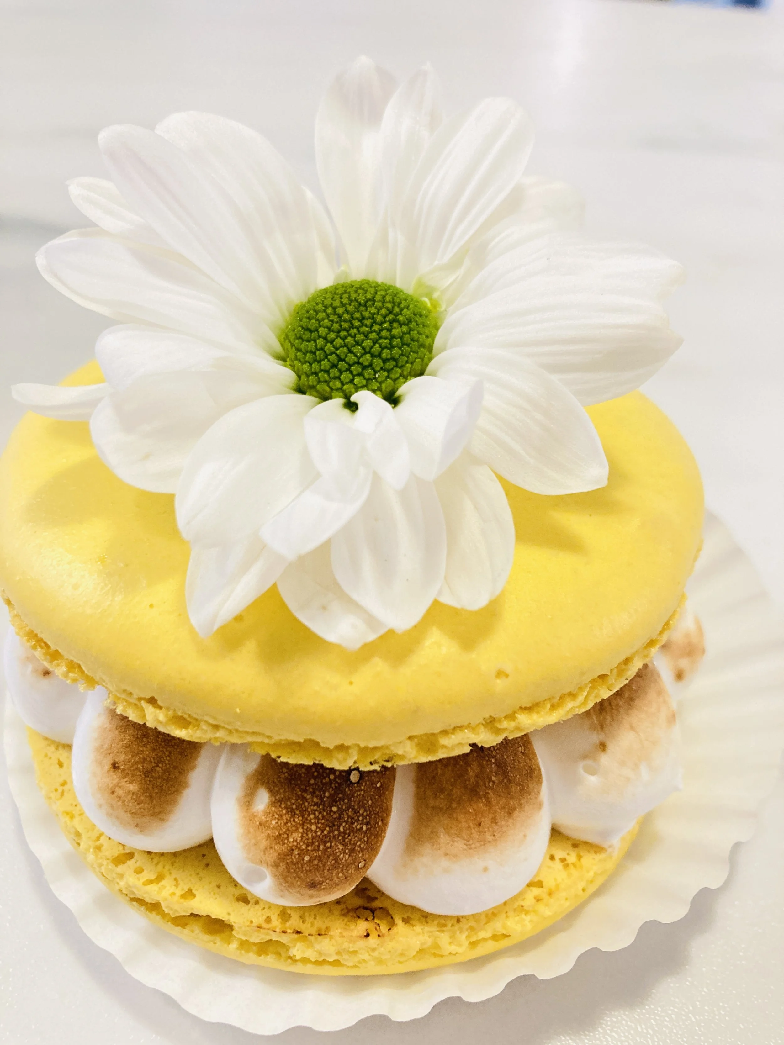A yellow dessert topped with a white daisy flower and filled with small toasted marshmallows.