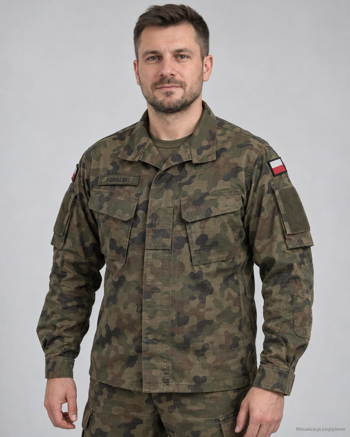 A man in military camouflage uniform with a name tag 'Kowalski' and Polish flag patches on shoulders, standing against a plain background.