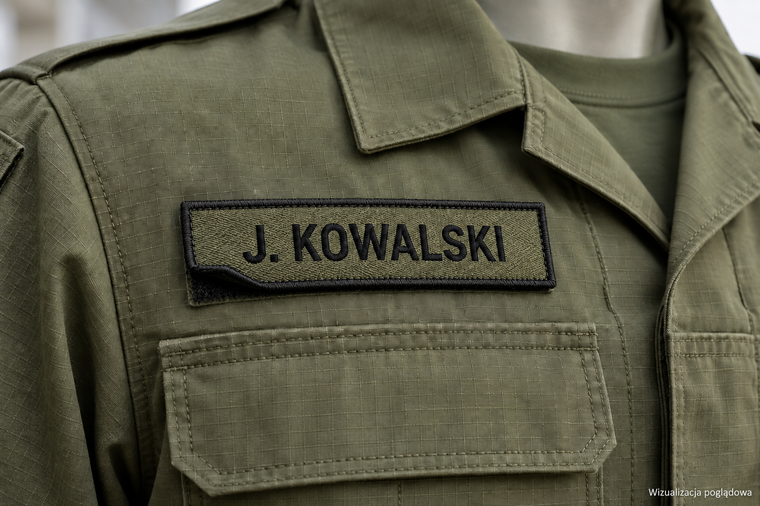 Close-up of a military uniform with a name patch reading 'J. Kowalski'.