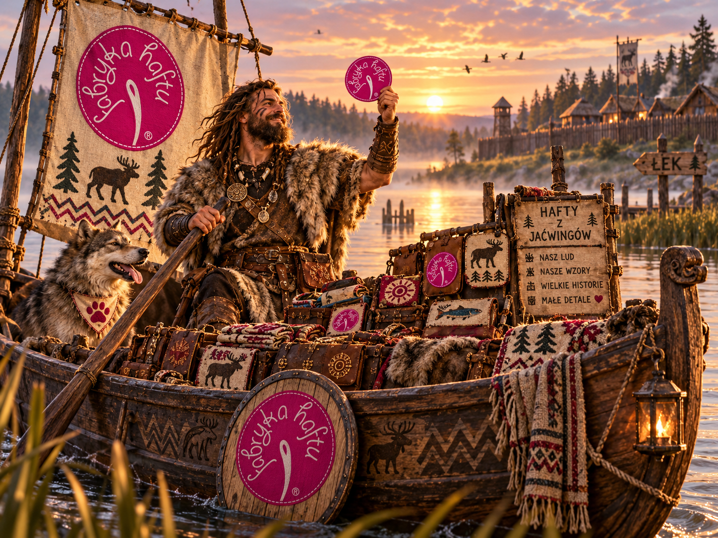 A man dressed in fur clothing and accessories sitting on a boat with two gray wolves, one on each side, during a sunset on a lake. The boat is decorated with Nordic-themed items, and there are banners and signs in Polish related to Scandinavian culture and folklore. A backdrop of wooded hills and buildings is visible in the distance, with a flock of birds flying overhead.