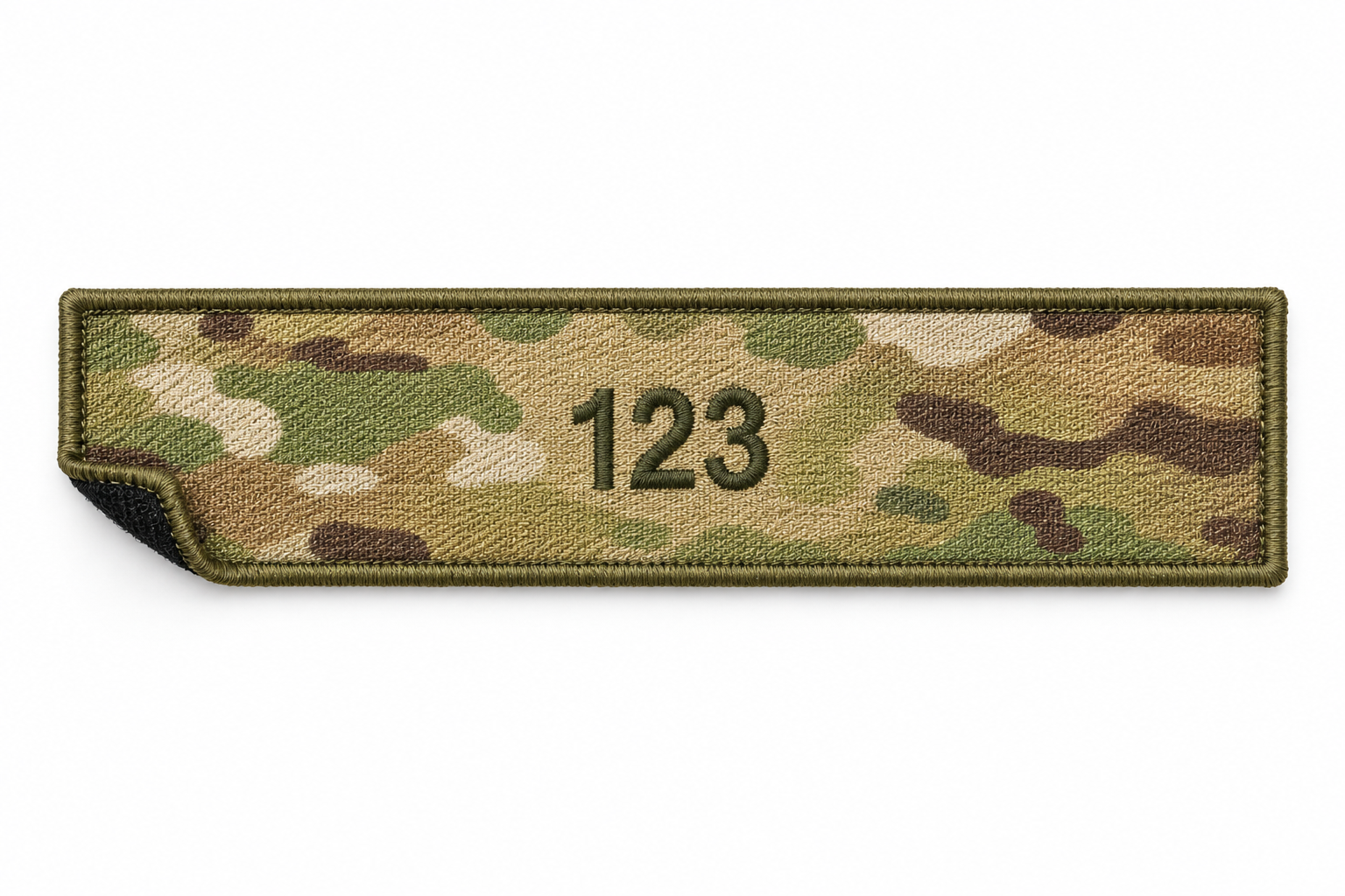 Military camouflage fabric name tag with the number 123 embroidered in black.