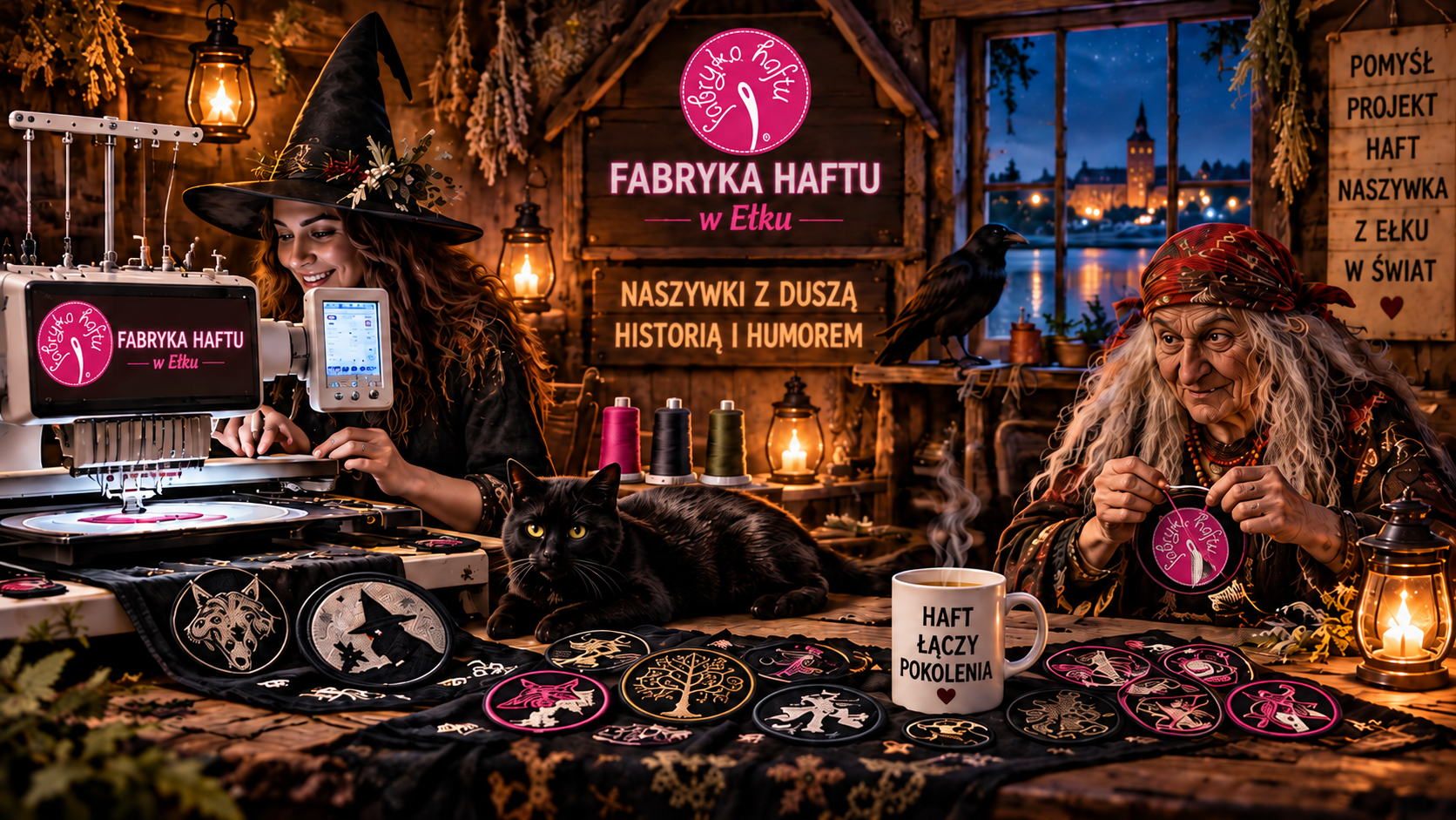 Two women with long hair and dressed in witch costumes, one young and the other elderly, sitting at a table with embroidered patches, thread spools, and sewing equipment in a cozy wooden interior. The young woman is sewing with a machine, and the elderly woman is knitting with pink yarn. There is a black cat lying on the table, a black raven on the window sill, and lanterns casting warm light. A cup with Polish text is on the table, and there are signs and banners in Polish promoting a weekly fabric and sewing workshop.