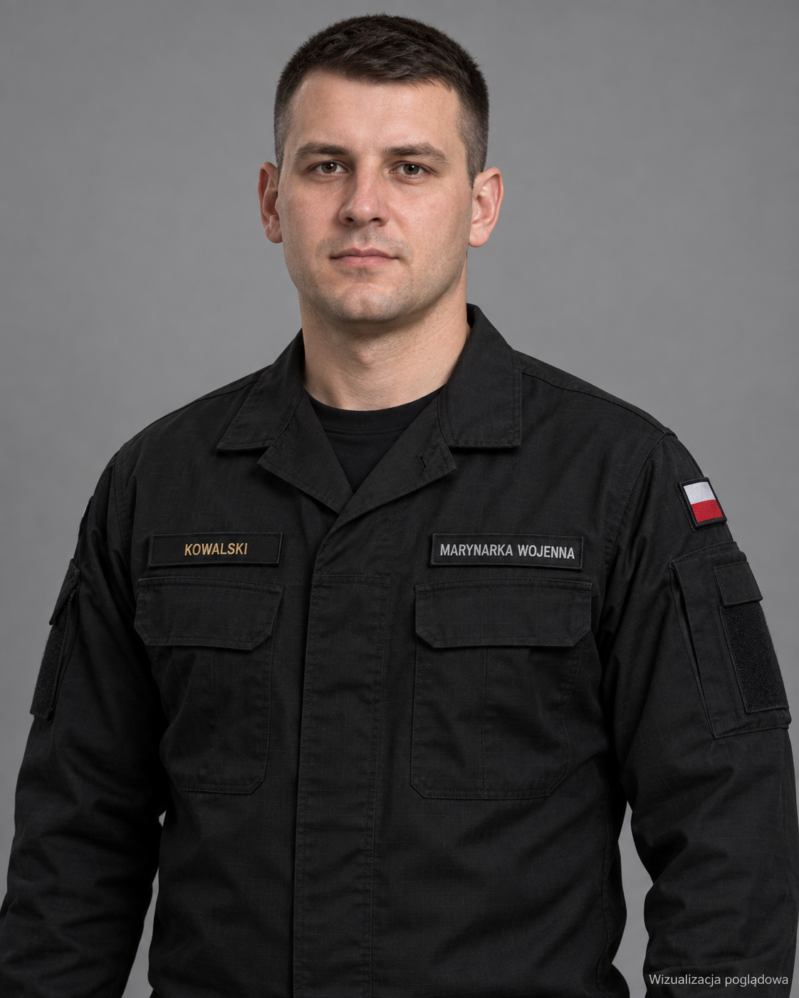 A man in a black military uniform with two patches, a Polish flag on the shoulder, and name tags 'Kowalski' and 'Marynarka Wojenna', against a gray background.