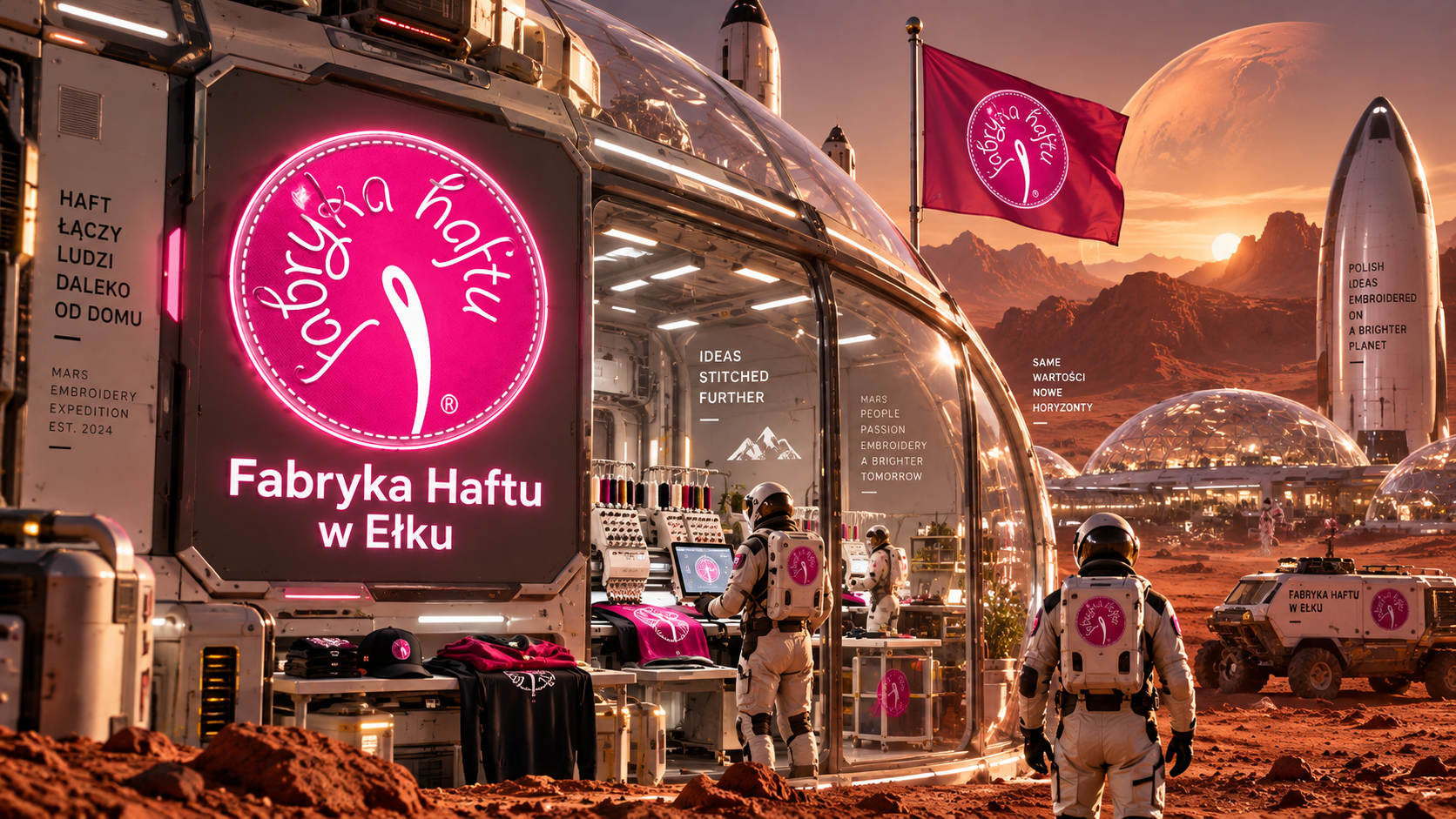 A futuristic Mars settlement with a large neon sign in Polish that reads 'Fabryka Haftu w Elku' and a smaller English sign that says 'Embroidery Expedition'. Several astronauts in space suits are working outside the domed structures. The landscape is Martian with reddish soil and mountains, with a large planet visible in the sky.
