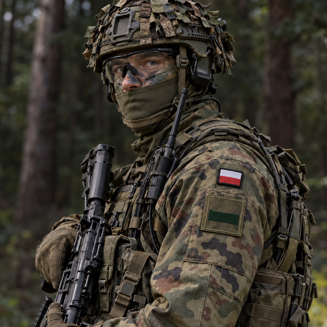 Żołnierz z naszywką stopnia starszego szeregowego specjalisty na rękawie, wariant 10 × 10 cm z oliwkowymi ramkami