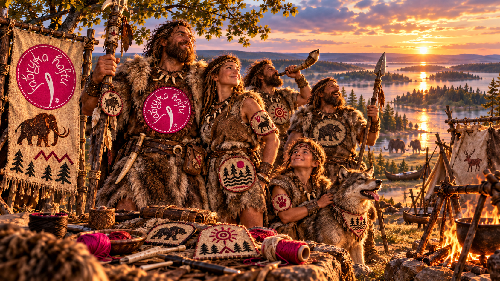 A group of people dressed in Viking-inspired fur costumes with traditional accessories, standing outdoors during sunset near a campfire, with a lake, trees, and mountains in the background. They are smiling and looking up, with crafts and banners featuring animal motifs surrounding them, and a dog sitting in front.