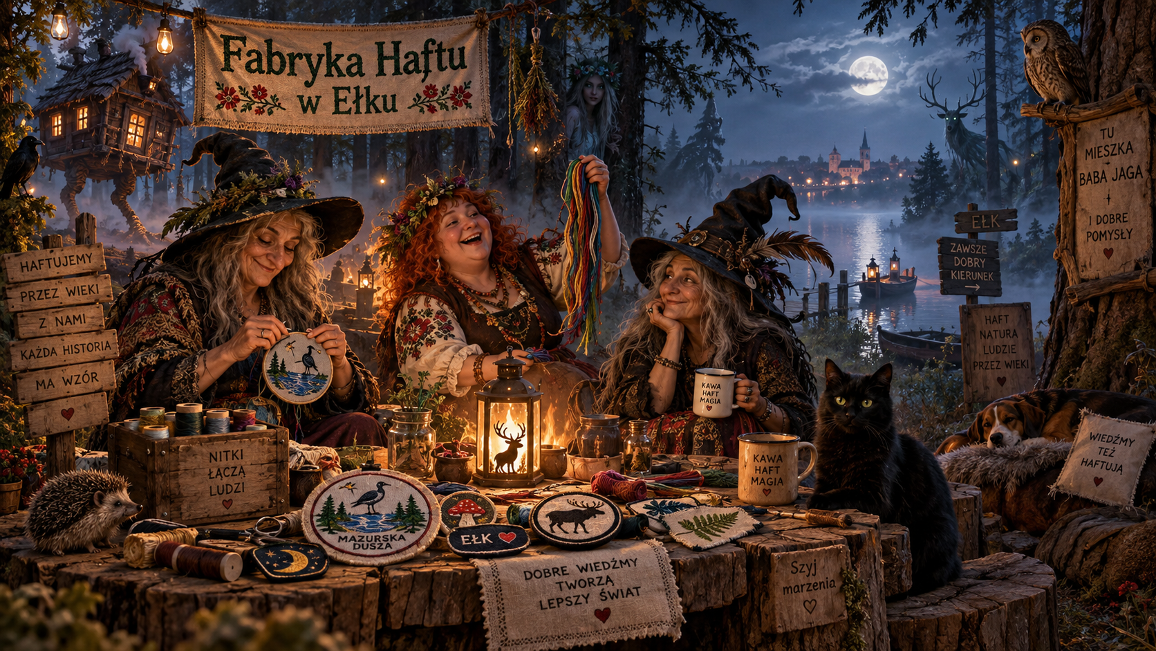 Three women dressed as witches sitting at a table outdoors under a moonlit sky, with decorated booths and signs in Polish, surrounded by animals like a cat, dog, hedgehog, and owls, selling handcrafted embroidery and other items, with a lake, boats, and a castle in the moonlit background.