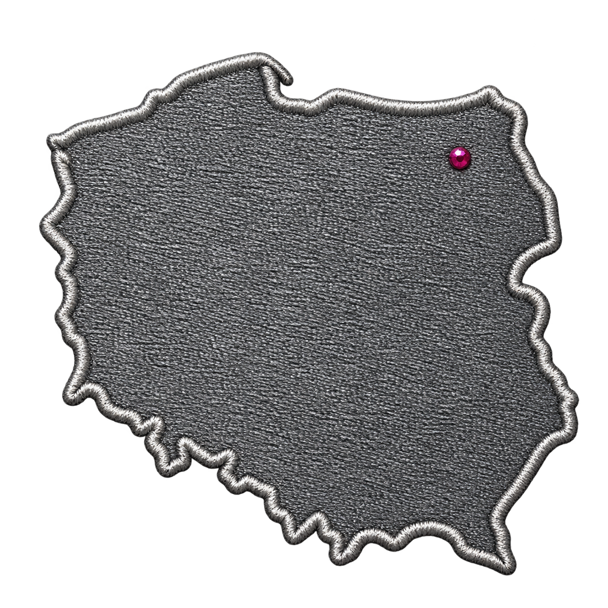 A silver embroidered patch in the shape of the state of Georgia with a small pink rhinestone near the top right.