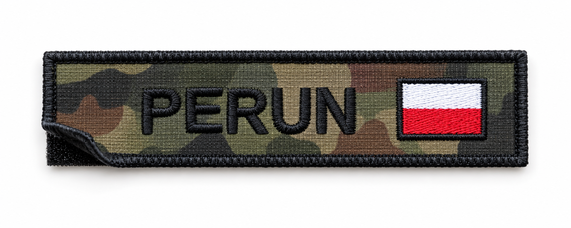 Military-style patch with the word 'PERUN' embroidered in black above a camouflage background and a Polish flag on the right.