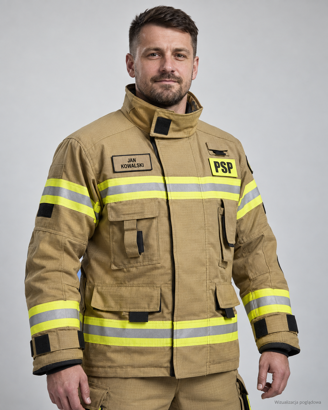 A man in a tan firefighter uniform with yellow and silver reflective stripes, patches labeled 'Jan Kowalski' and 'PSP,' standing against a plain gray background.