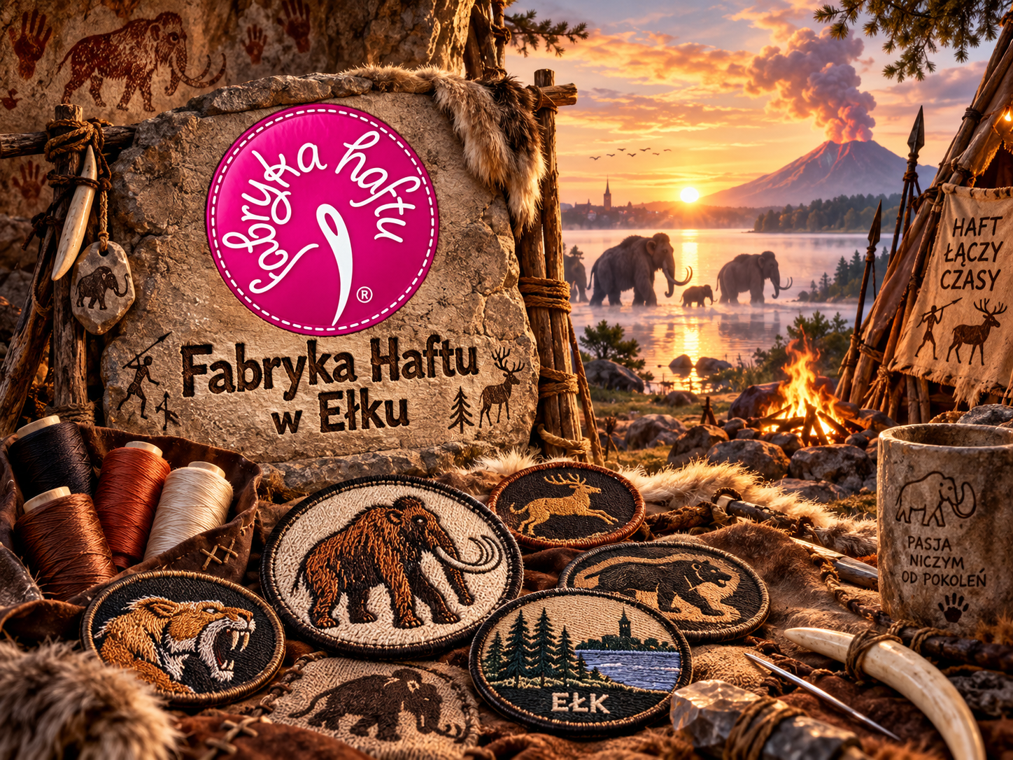 Humorystyczna wizja Fabryki Haftu w Ełku w prehistorii – mamuty, tygrys szablozębny i haftowane naszywki