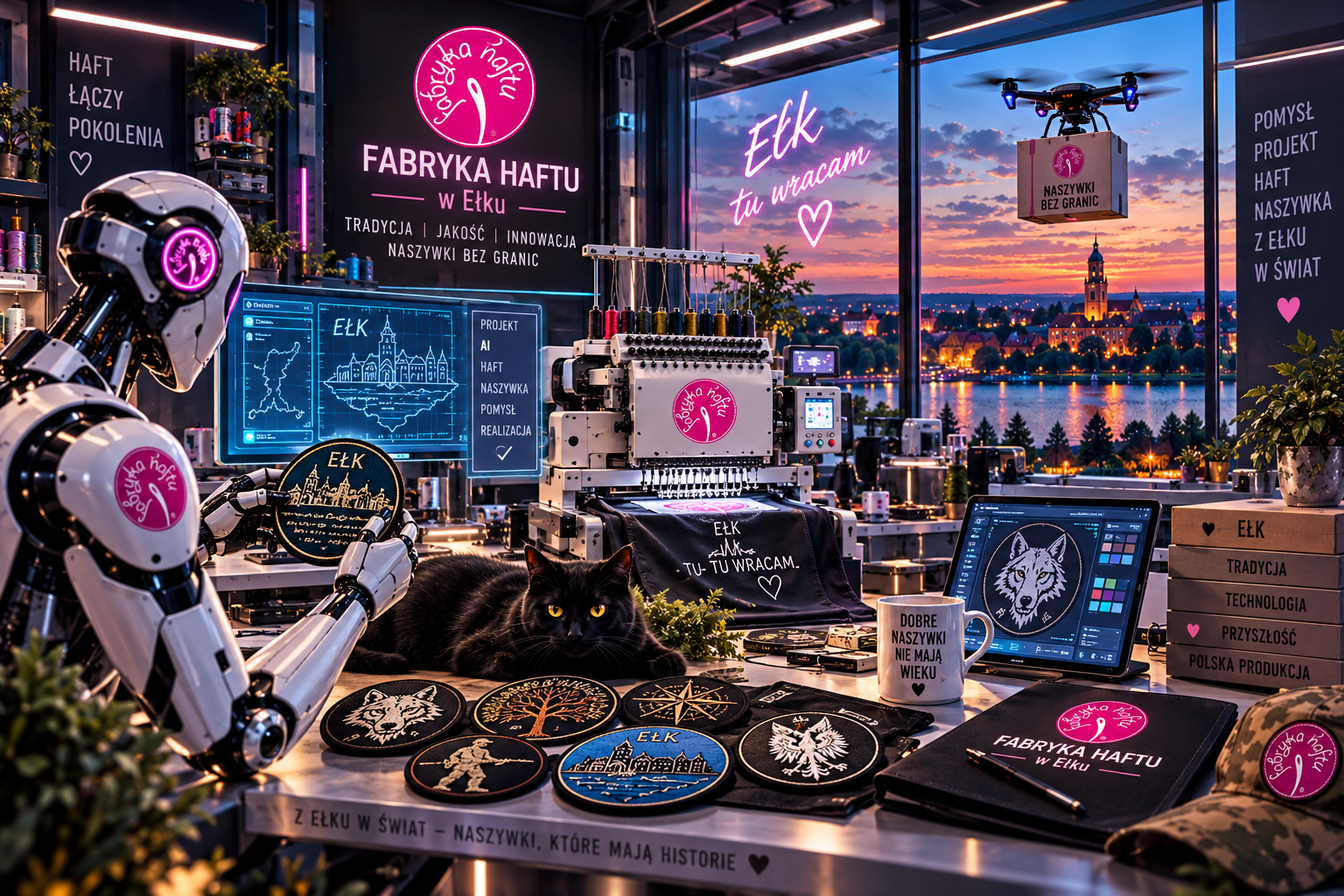 Interior of a workshop or studio with robotics and embroidery machines, embroidered patches, a cat lying on the worktable, and a view of a cityscape at sunset through large windows. The space is decorated with neon signs and banners in Polish, promoting traditional handcrafted products from Ełk.
