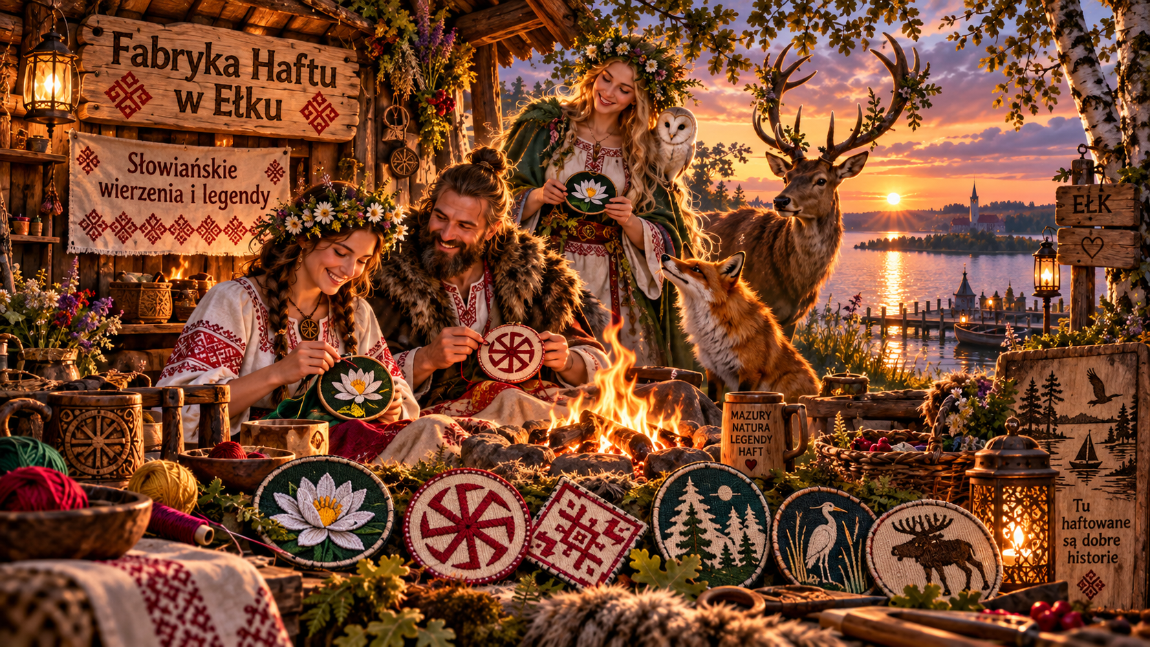 Humorystyczna wizja słowiańskiej pracowni haftu nad jeziorem z motywami natury i legend – Fabryka Haftu w Ełku