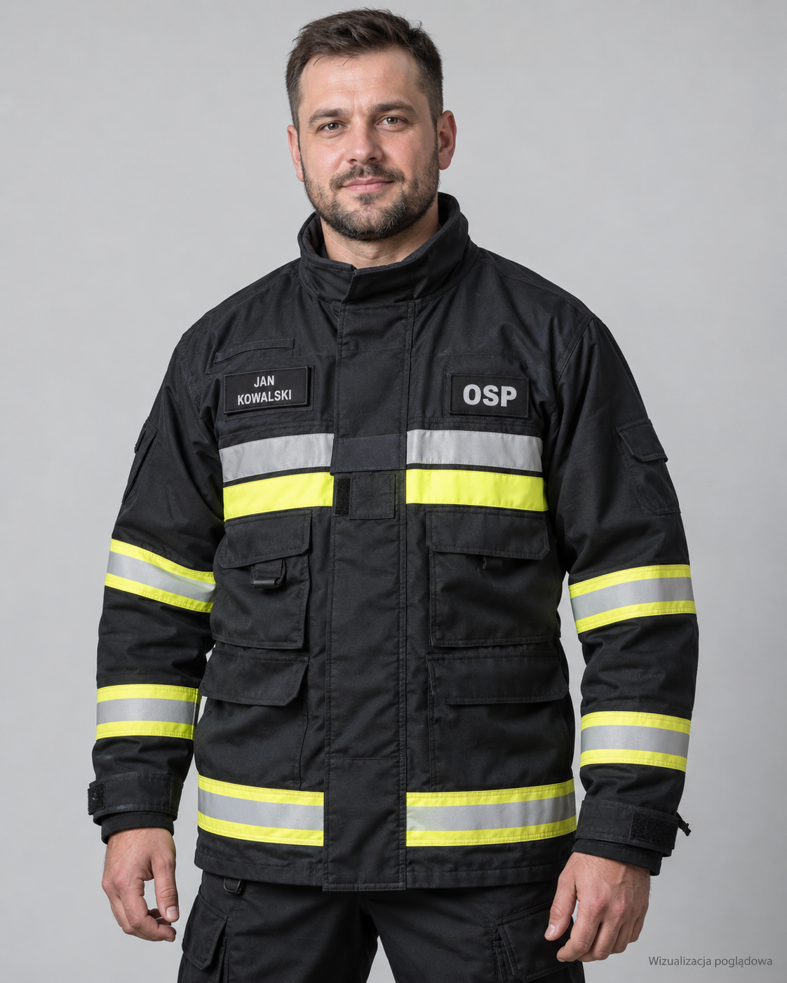 A man in a black firefighter uniform with reflective yellow and silver stripes, standing against a plain gray background.