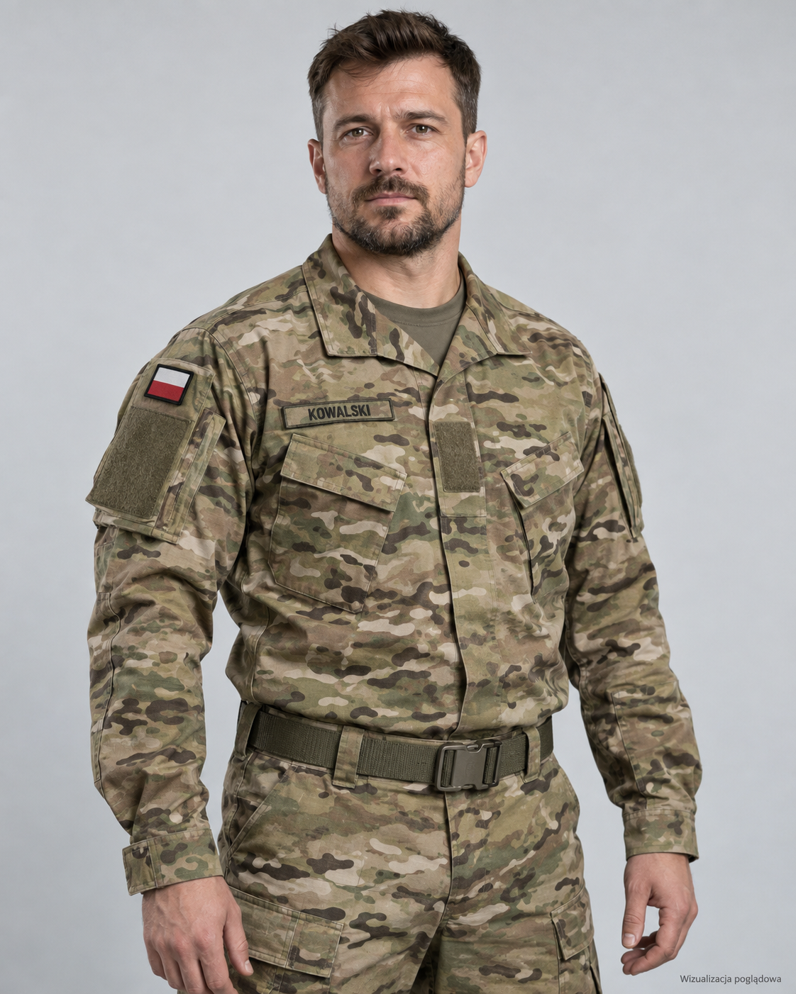 A man in military camouflage uniform with a Polish flag patch on his right sleeve, standing against a plain gray background.