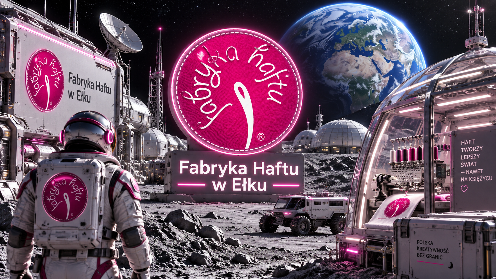 An astronaut standing on the moon's surface with Earth in the background, surrounded by futuristic structures and vehicles. Prominent pink signs display Polish text, including "Fabryka Haftu w Ełku" and "Haft tworzy lepszy świat - nawet na Księżycu," indicating a moon-based embroidery factory with a creative theme.
