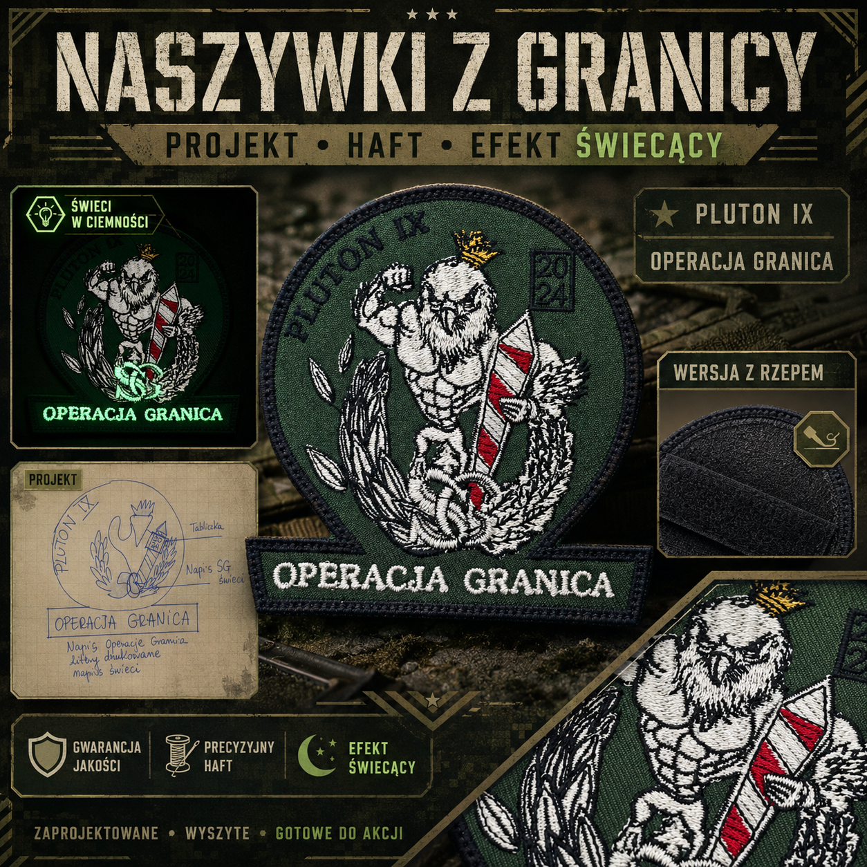 A military-style patch with a muscular lion holding a soda flag and surrounded by laurel leaves, labeled 'Operacja Granica', with various labels and badges related to military projects and operations, featuring glow-in-the-dark elements.