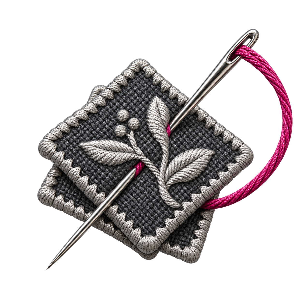 Two square fabric patches with embroidered leaf and berry design, one placed on top of the other, with a metal needle piercing through them. The patches are decorated with silver and pink threads, and there is a pink thread loop attached to the needle.