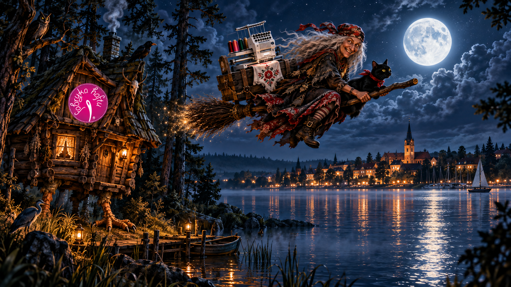 A witch flying on a broomstick with a black cat in a magical night scene over a lake, with a full moon, a wooden house with a pink sign that reads 'Borya Höltu,' and a village with lit buildings and church in the background.