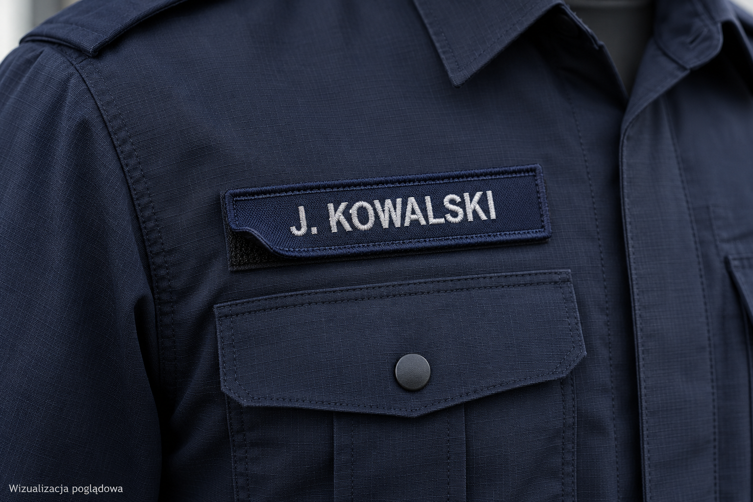 Haftowany imiennik J. KOWALSKI nad kieszenią granatowej koszuli mundurowej