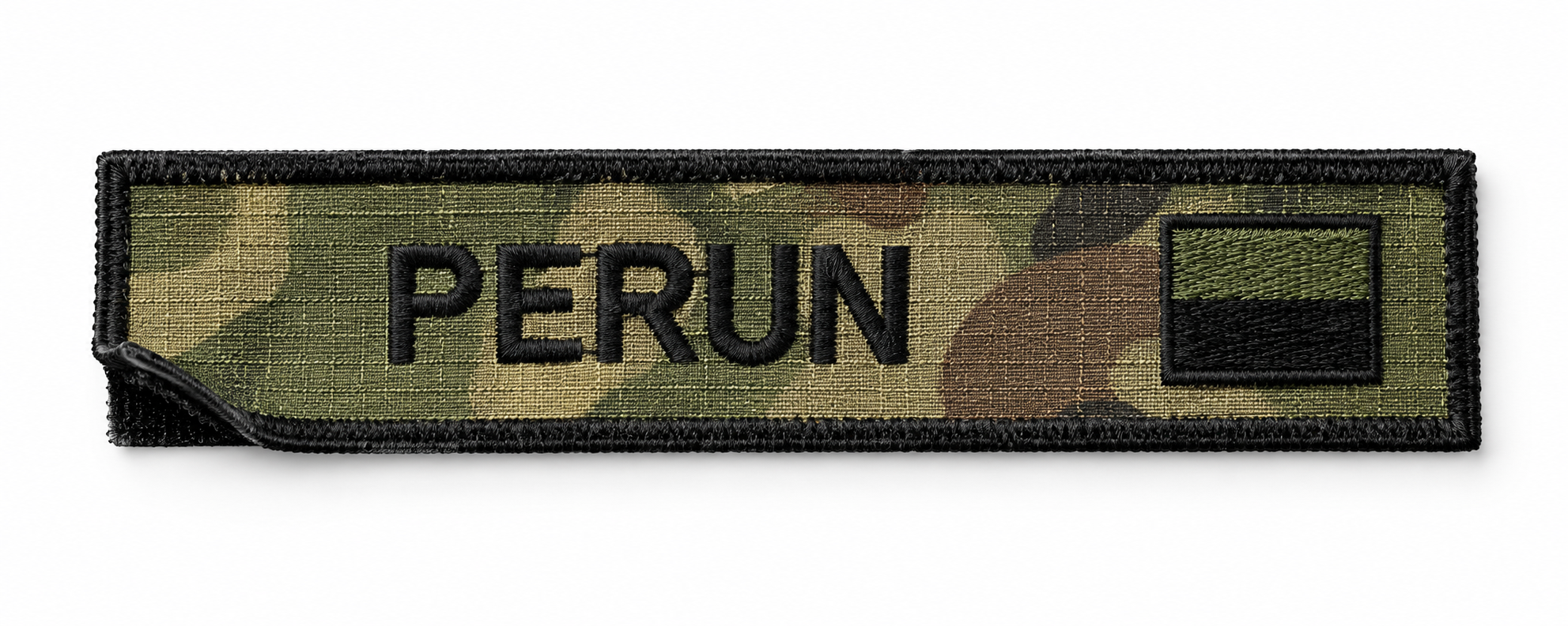 Military camouflage patch with the name "PERUN" and a small flag patch featuring green, black, and olive colors.