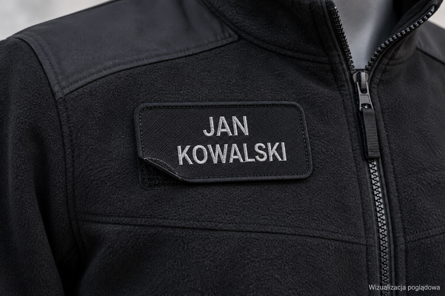 Close-up of a black uniform with a patch that reads "JAN KOWALSKI" on the chest, featuring a zippered front.