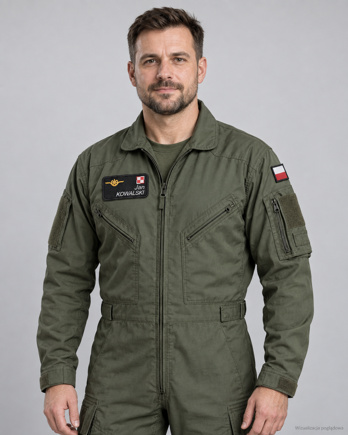 Man in military jumpsuit with Polish flag patch on sleeve, name tag reading 'Jan Kowalski', and American flag patch on shoulder.