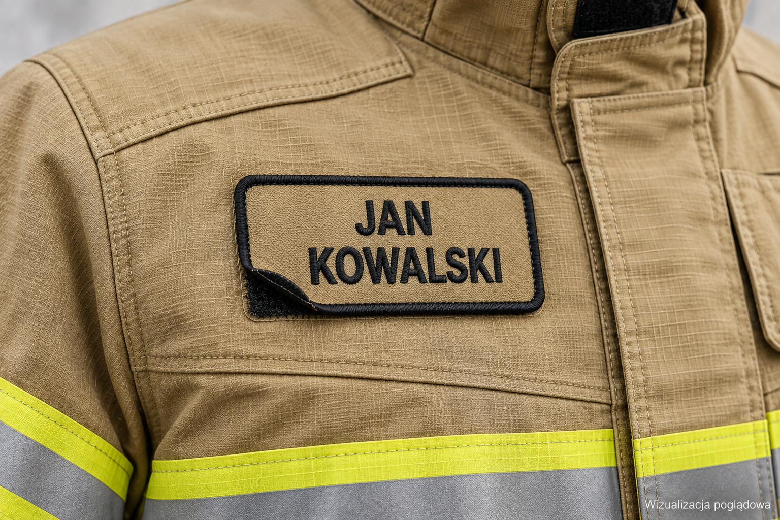 Close-up of a firefighter uniform with a name patch that reads 'Jan Kowalski' in black embroidery, tan fabric, and reflective yellow stripes.