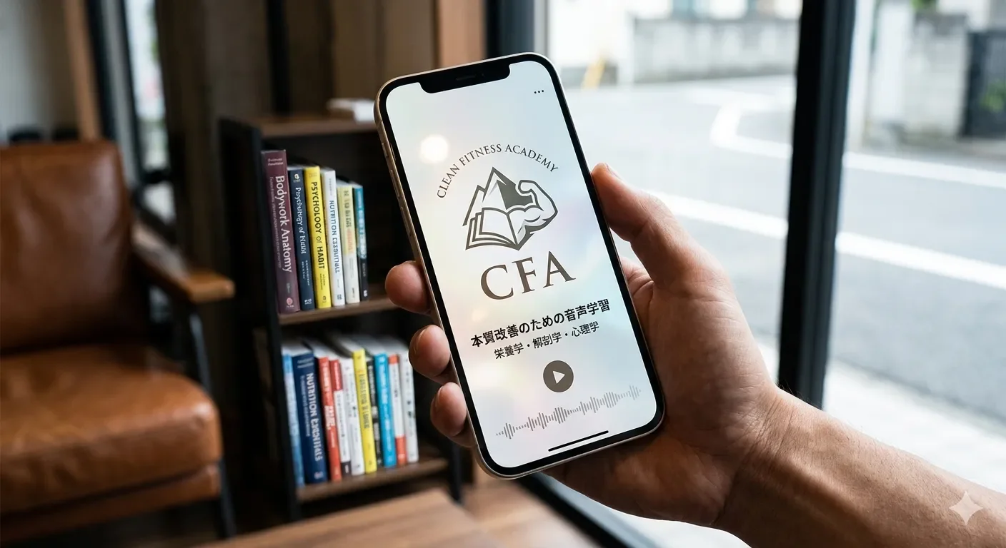 日吉のパーソナルジム CLEAN.｜会員限定アカデミー「CFA」のロゴと、栄養学・解剖学・心理学をスマホで学べる音声ポッドキャスト。