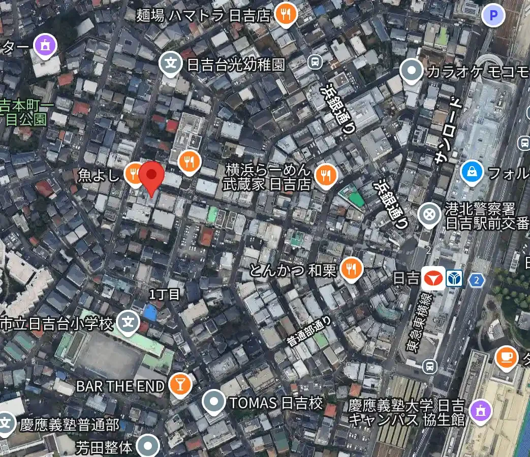 日吉駅徒歩3分のパーソナルジムCLEAN.アクセスマップ。日吉駅西口から中央通りを進んだ先にある、通いやすい立地を地図で確認。
