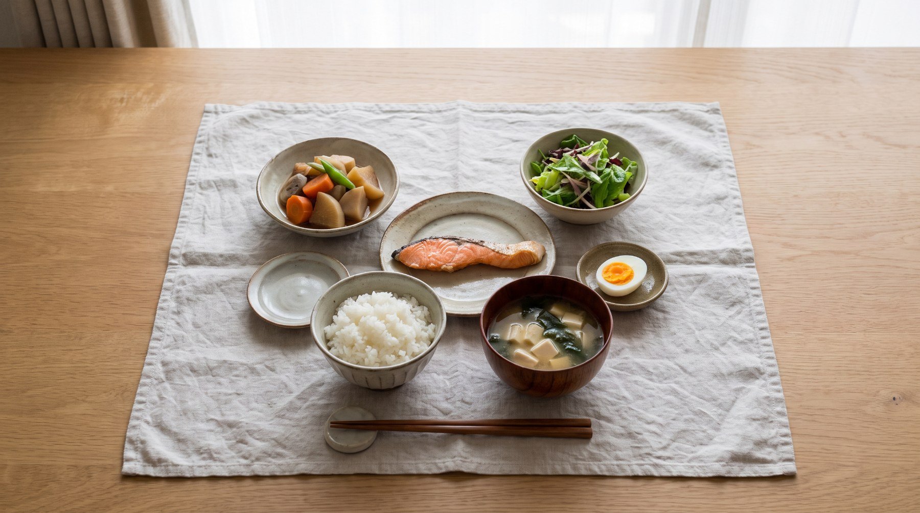 ご飯・味噌汁・焼き魚・煮物をそろえた和定食。無理なく続く食事設計の例