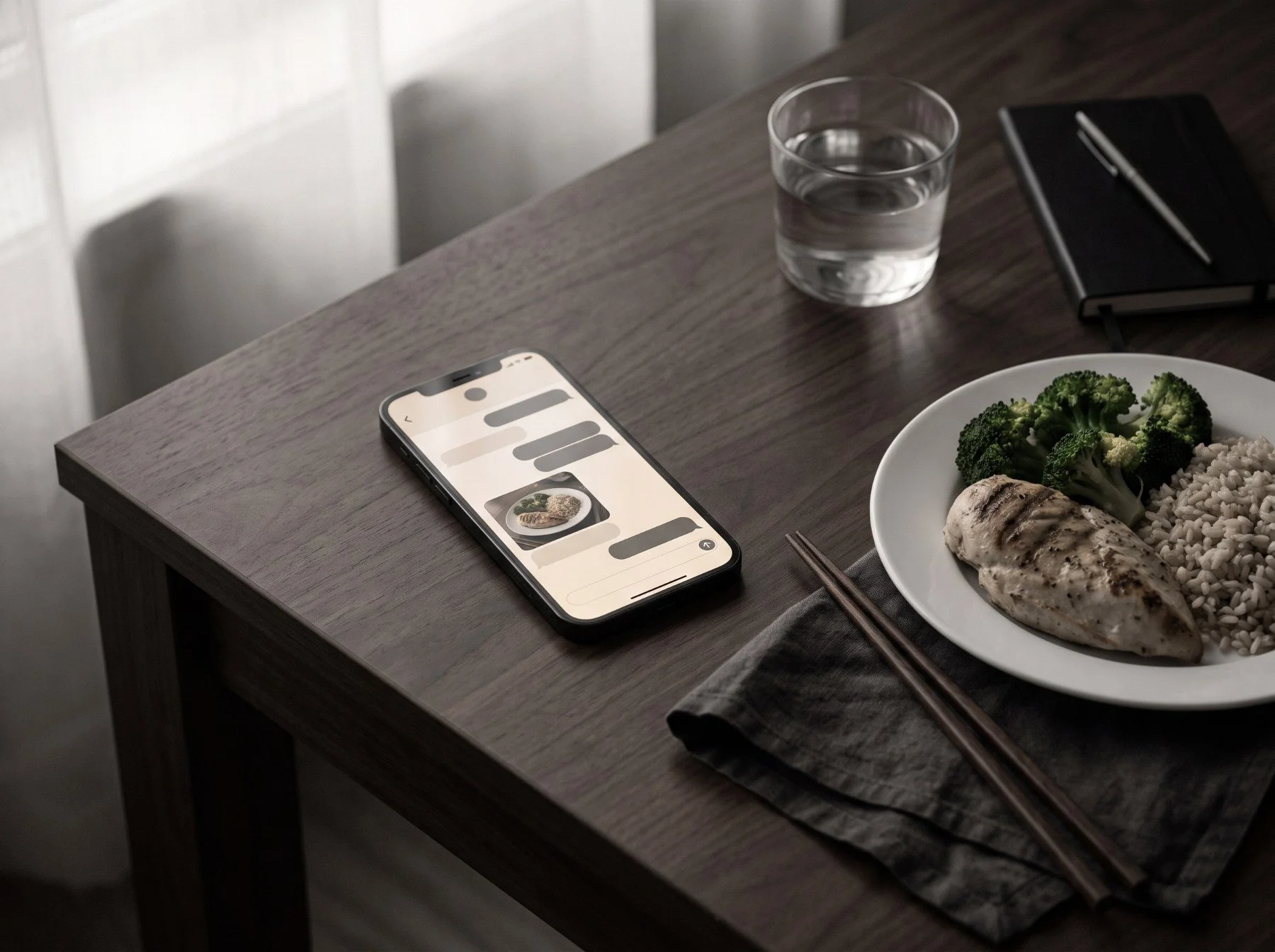 食卓に置かれたスマートフォン。食事や歩数をアプリで記録する日常の場面