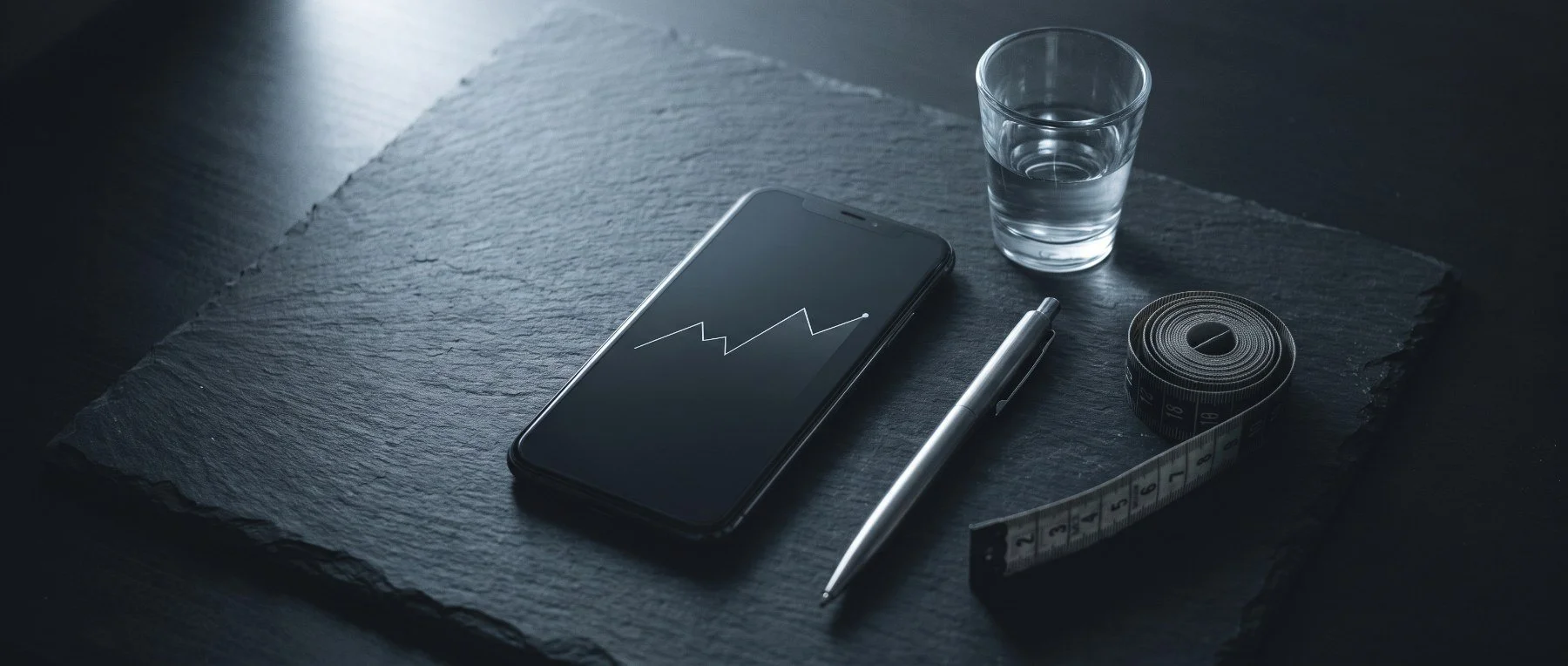 スレートの上のメジャーとスマートフォン。追い込まず、数字で確かめながら進める。