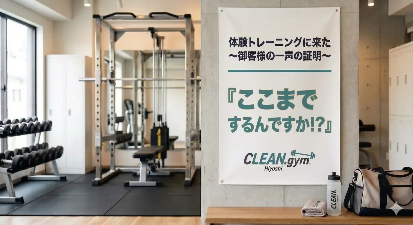 日吉のパーソナルジム「CLEAN.」にて、体験トレーニングを受けたお客様が「ここまでするんですか！？」と驚く声を表現したイメージ。背景にはプロ仕様のマシン、手前にはブランドロゴ入りのボトルが配置されている。