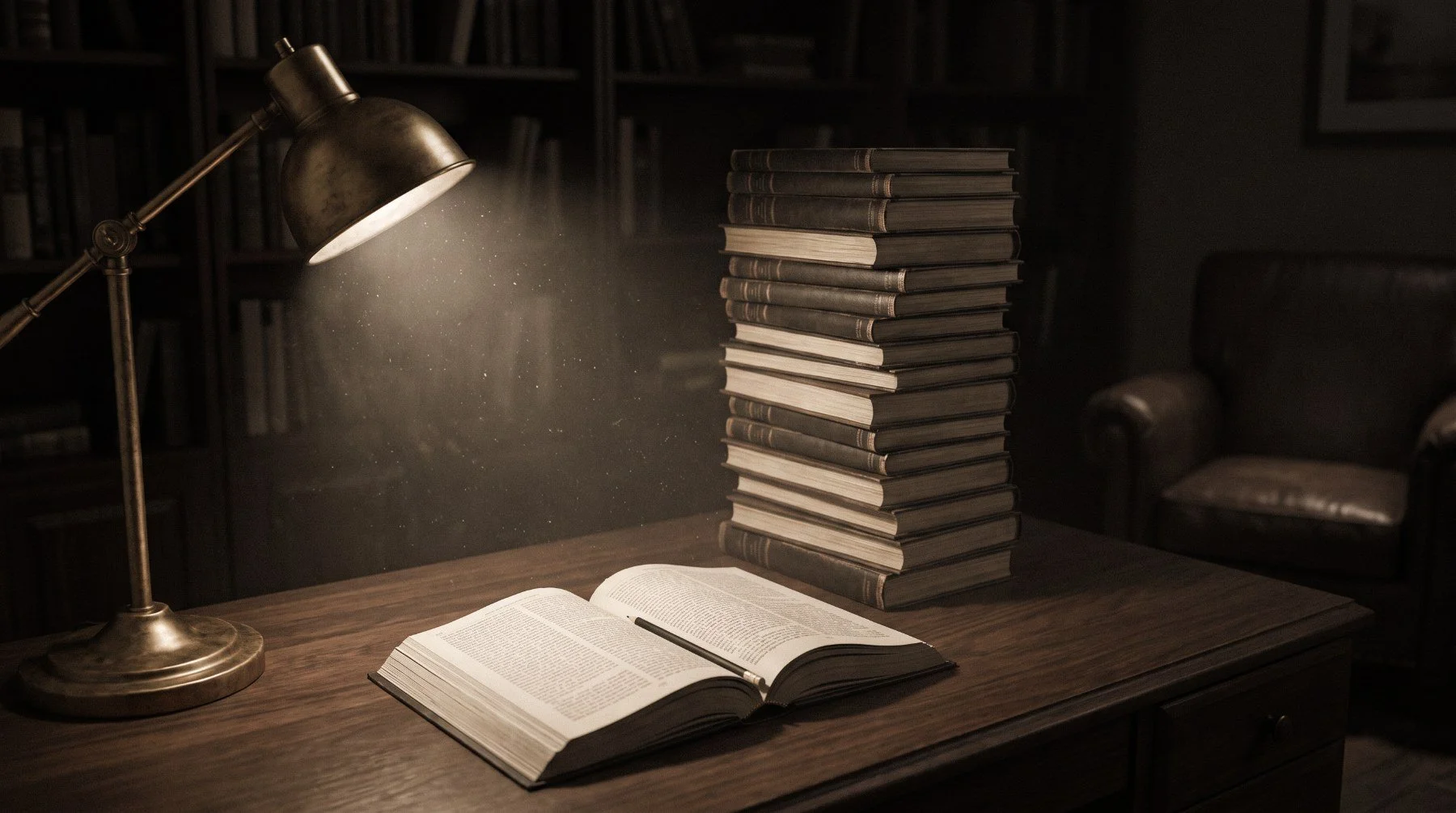夜の書斎に置かれた本とランプ。会員向けの記事と電子書籍で学べることを表した写真