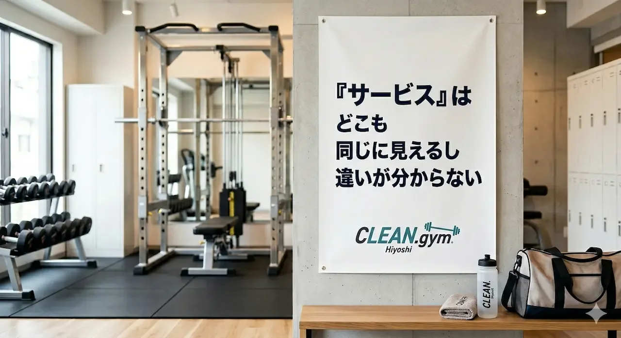 日吉のパーソナルジム「CLEAN.」のカウンセリング風景。「『サービス』はどこも同じに見えるし違いが分からない」という顧客の悩みを代弁するテキストが入ったバナーと、プロ仕様のトレーニングマシン。